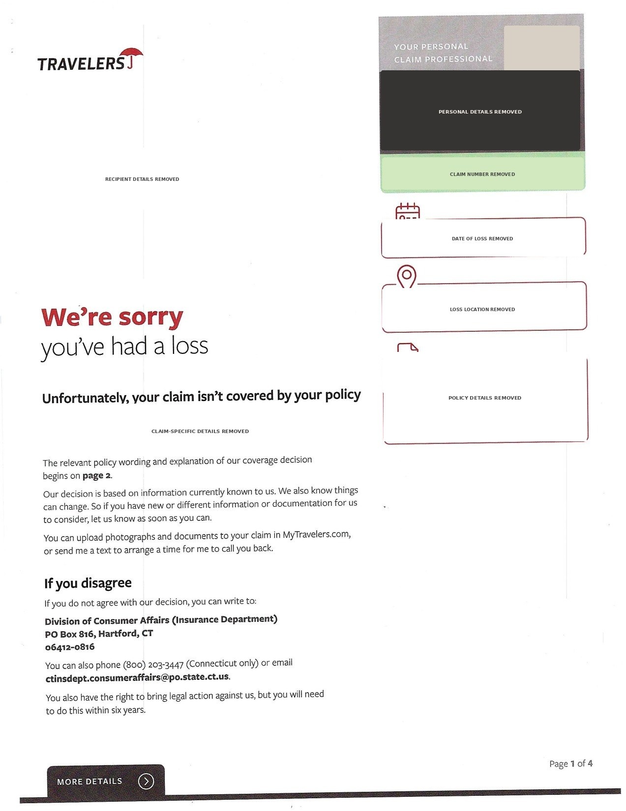 Page one of a redesigned Travelers property claim denial letter with an empathetic headline, claim professional contact card, and scannable claim facts