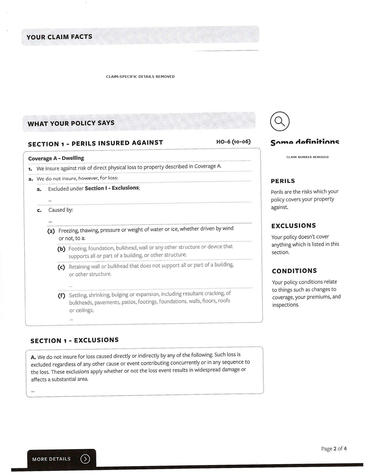 Page two of the redesigned Travelers claim letter showing claim facts, policy excerpts, and definitions