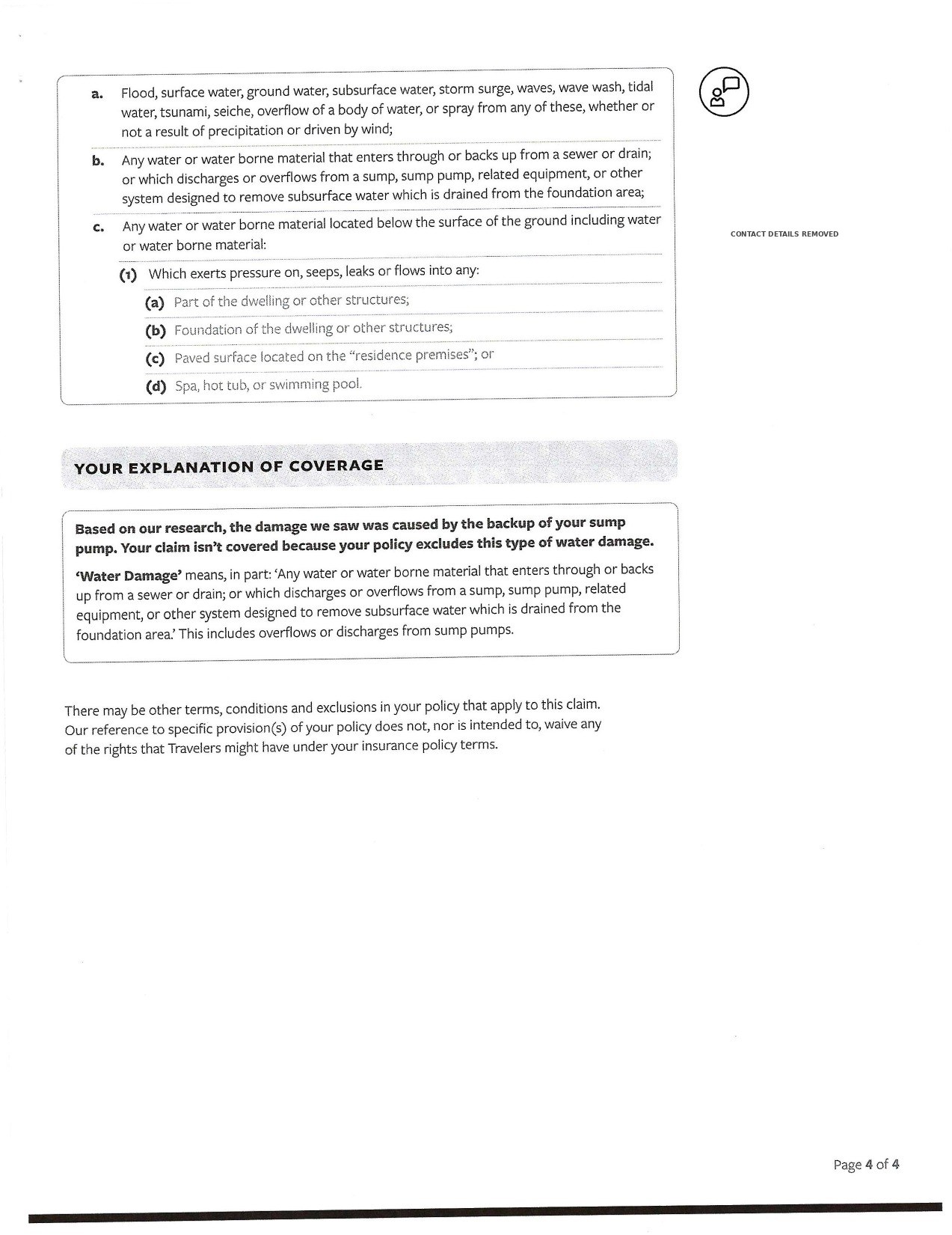 Final page of the redesigned Travelers property claim denial letter with policy language, a plain-language coverage explanation, and contact information